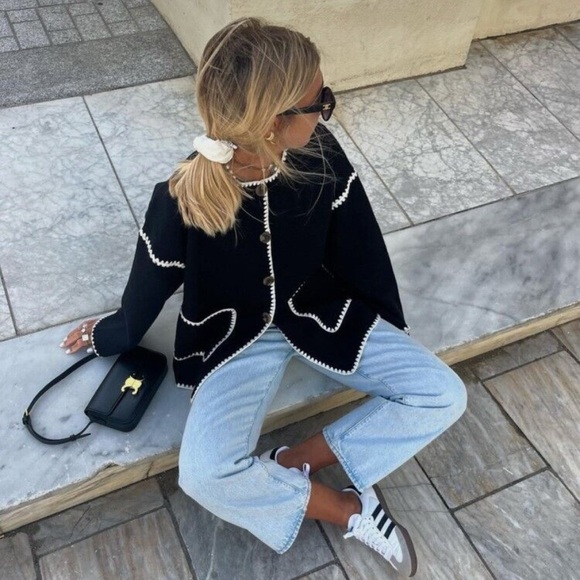 St. John Collection Santana Knit Button Front Cardigan/ Black and White 2 - Picture 1 of 11